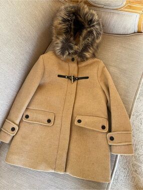 Kids Camel Hooded Wool Coat with Faux Fur Trim